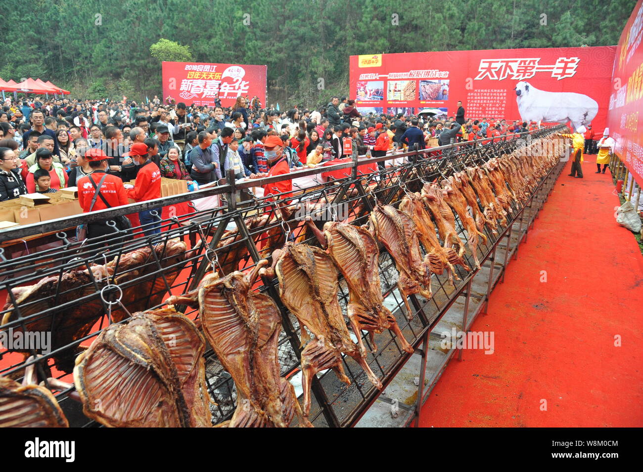 Chinese cook Jiang Linsheng spit-roasts 216 lambs simultaneously at a park in Nanning city, south China's Guangxi Zhuang Autonomous Region, 20 Februar Stock Photo