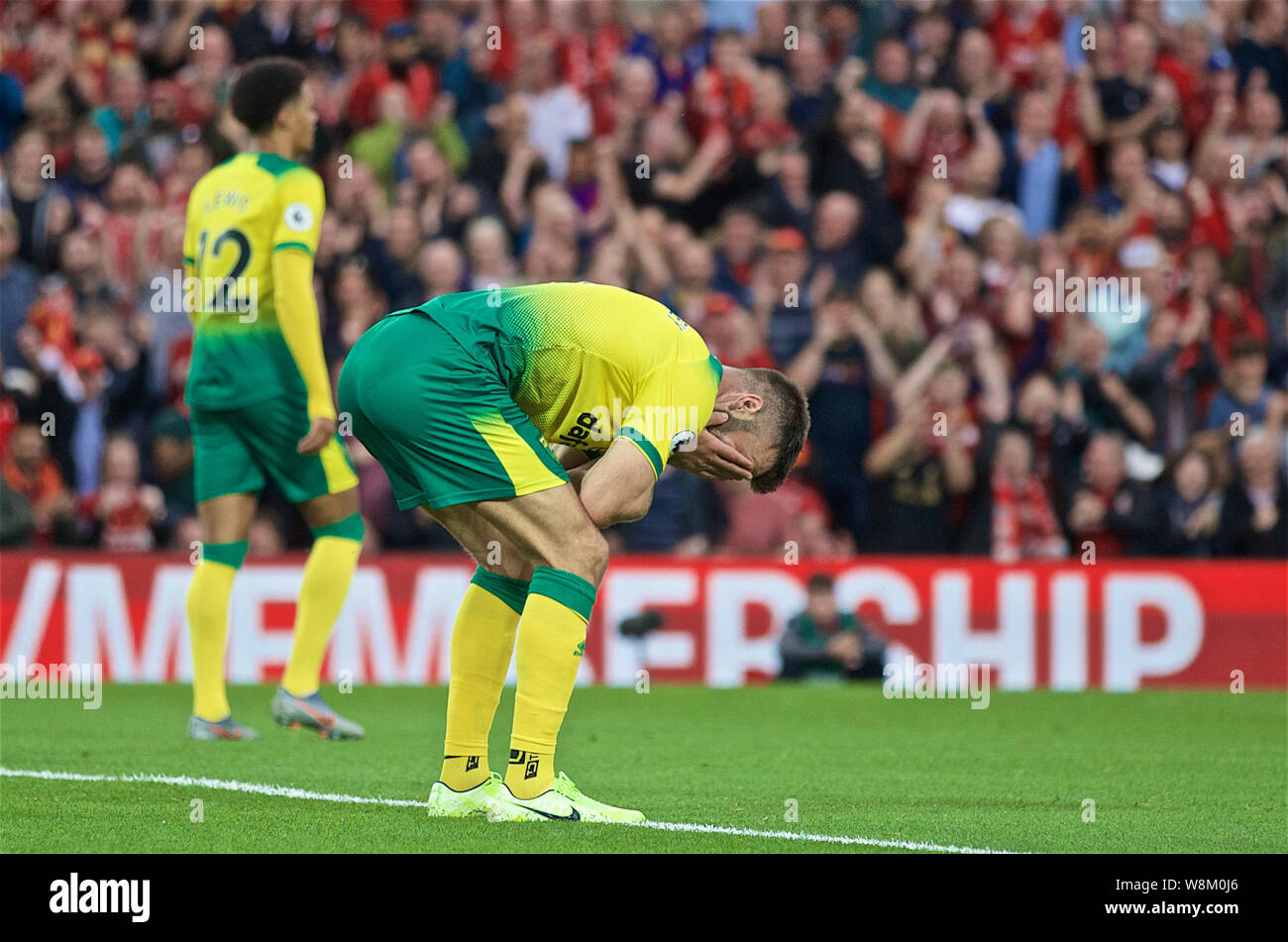 Liverpool, UK. 9th Aug, 2019. Norwich City's Grant Hanley reacts during the English Premier League match between Liverpool and Norwich City at Anfield in Liverpool, Britain on Aug. 9, 2019. Liverpool won 4-1. Credit: Xinhua/Alamy Live News Stock Photo