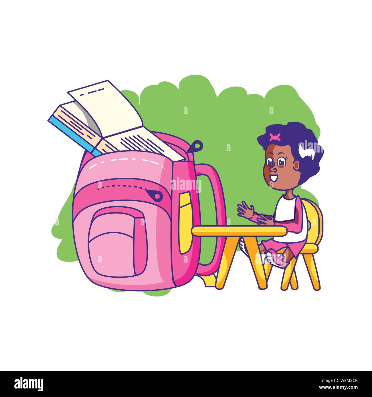 cute little student girl in desk with school bag vector