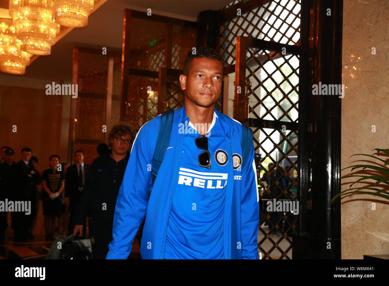 --FILE--Fredy Alejandro Guarin Vasquez and teammates of Inter Milan arrive at a hotel before their football match against AC Milan during the 2015 Int Stock Photo