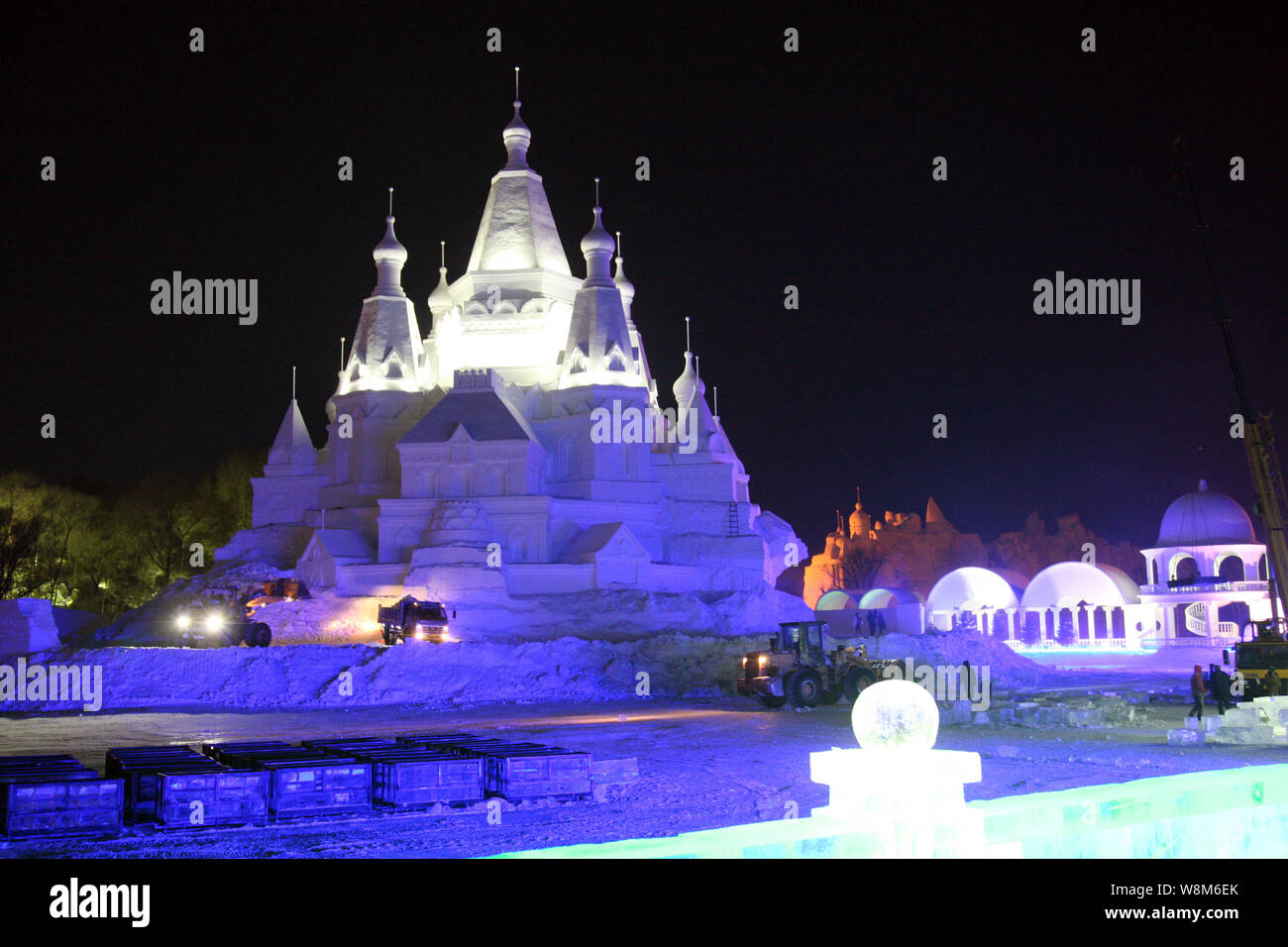 Night view of the 51-meter-tall ice building, dubbed as 'Crown of Ice-snow' castle, at the Sun Island scenic spot in Harbin city, northeast China's He Stock Photo