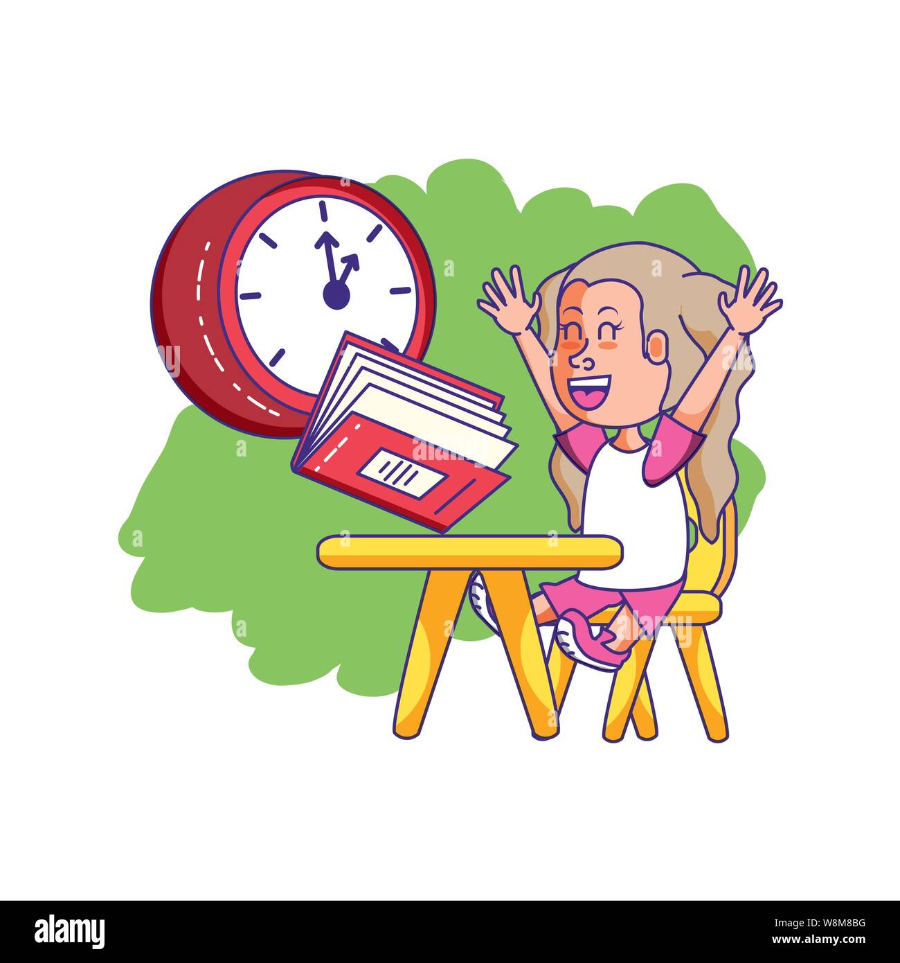 little student girl sitting in school desk with book and clock vector ...