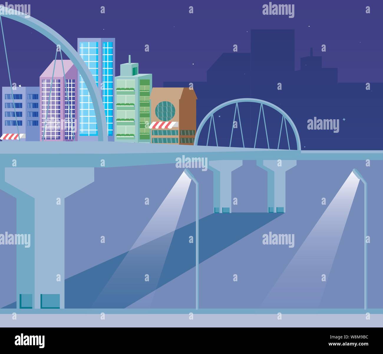 cityscape buildings scene night with bridge vector illustration design ...