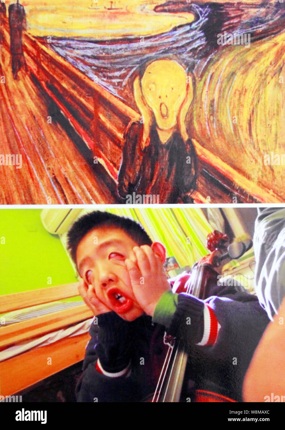 This composite picture shows Chinese pupil Chen Yuheng replicating the painting "The Scream" by Norwegian painter Edvard Munch during an art festival Stock Photo