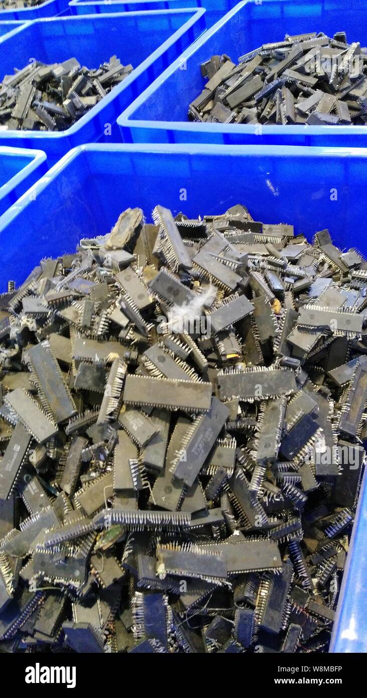 View of Ewaste, or electronic waste, of computers at a factory in Guiyu town, Shantou city