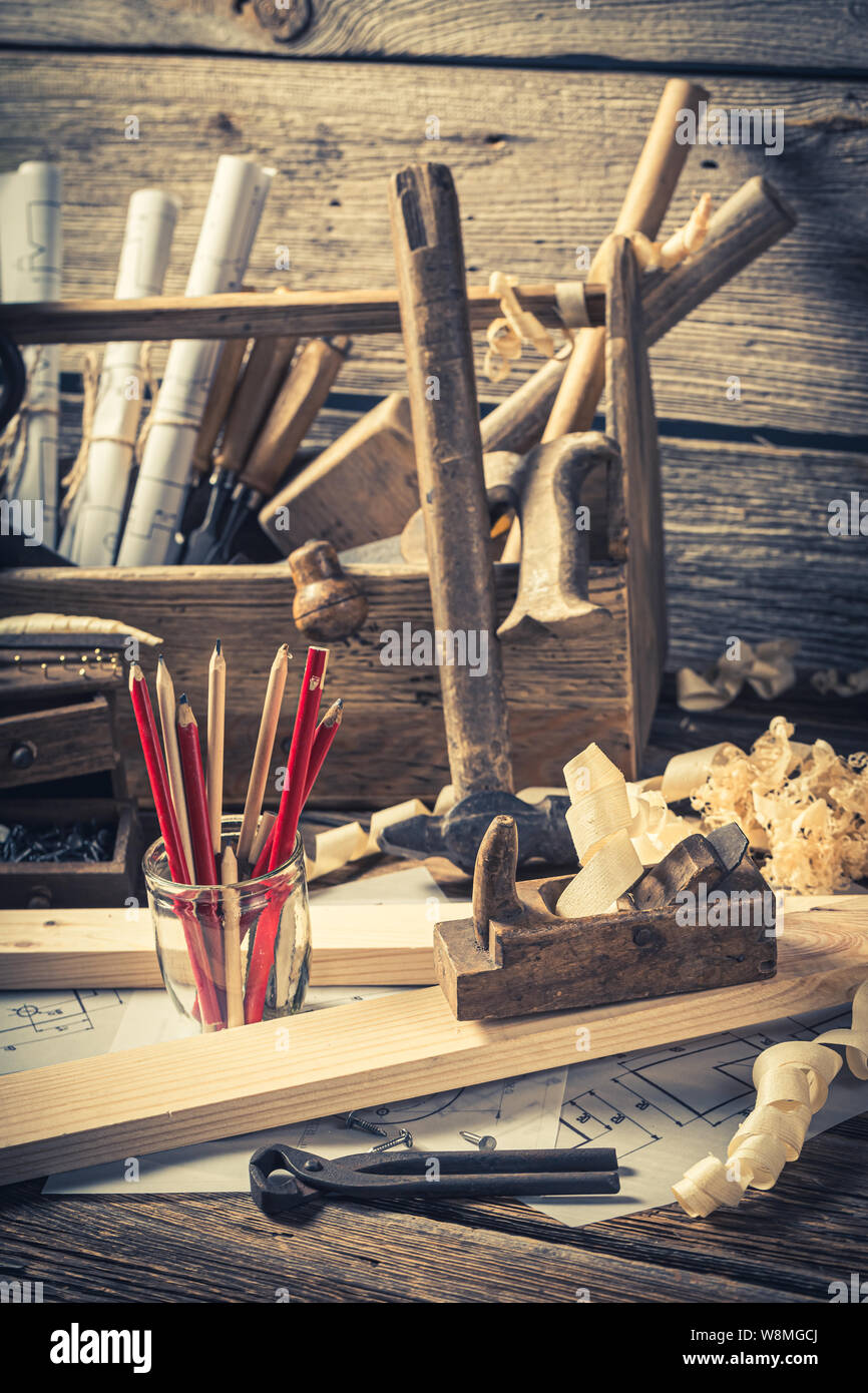 Old Carpentry Workbench And Drawing Workshop On Rustic Wooden