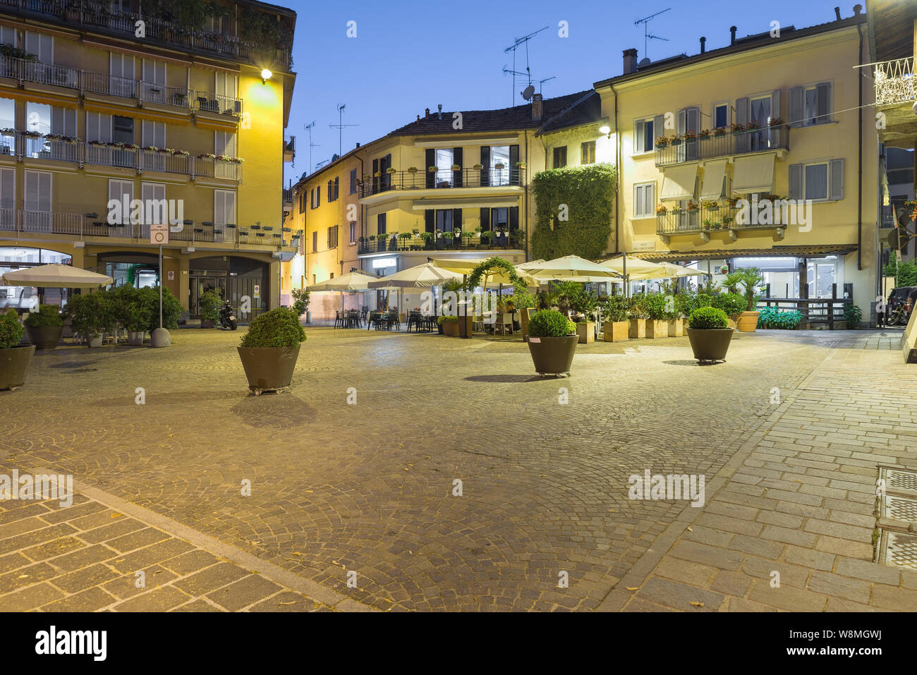 Sesto Calende by night, square Scipione, beside the river walk, Italy. Town  on the Ticino river at the point where the river leaves Lake Maggiore Stock  Photo - Alamy