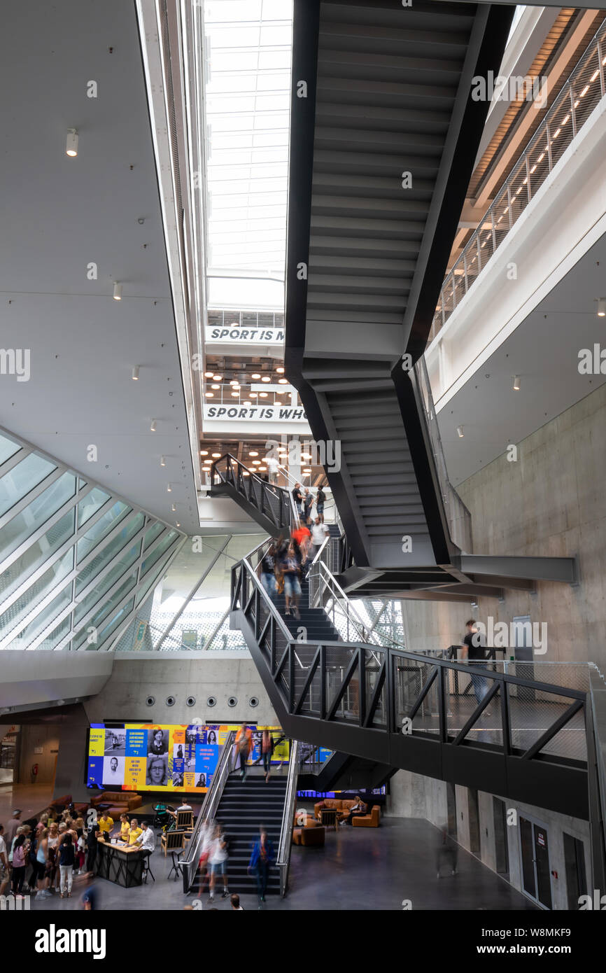 Herzogenaurach, Germany. 09th Aug, 2019. Interior view of the office  building "Arena" of the sporting goods manufacturer adidas. Shortly before  its 70th anniversary, Europe's largest sports group celebrated the opening  of a