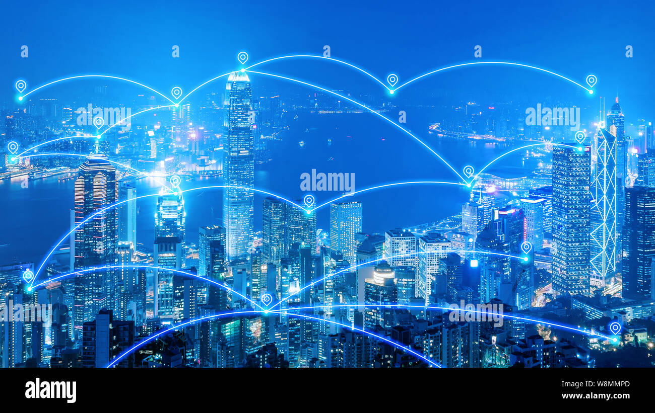 Smart city communication network and internet of things for smart city and big data concept. Stock Photo