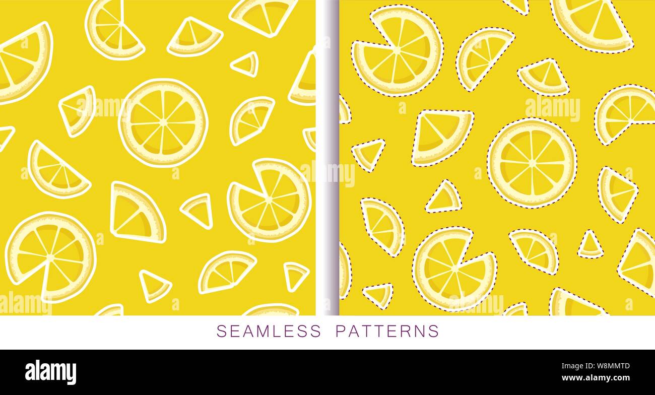 Set of vector seamless patterns with white lemon slices isolated and ...