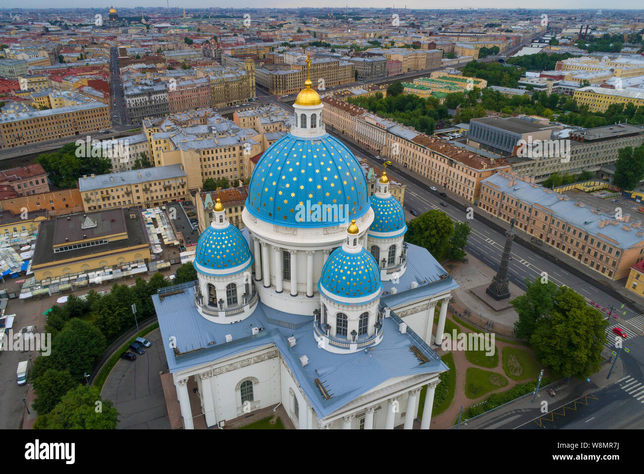 Above the dome of Trinity Cathedral on a July cloudy morning (aerial photography). Saint-Petersburg, Russia Stock Photo
