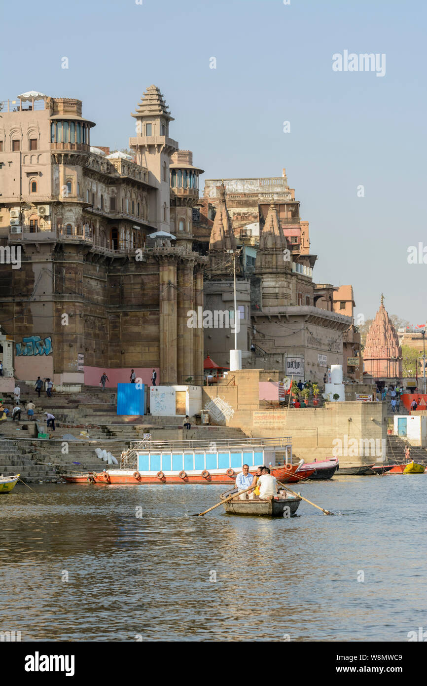 Waterfront view of Varanasi from the River Ganges, Varanasi, Uttar Pradesh, India, South Asia. Also known as Benares, Banaras and Kashi. Stock Photo