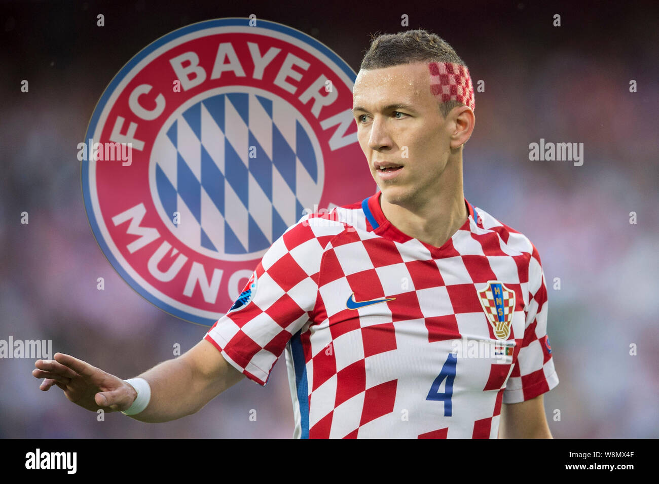 Lens, Frankreich. 10th Aug, 2019. FOTOMONTAGE: Ivan PERISIC apparently before changing to FC Bayern Munich. Ivan PERISIC (CRO) with Red White hair color, flag, flag, eighth-finals, match M39, Croatia (CRO) - Portugal (POR) 0: 1 n/a, on 25.06.2016 in Lens. Football European Championship 2016 in France from 10.06. - 10.07.2016. | Usage worldwide Credit: dpa/Alamy Live News Stock Photo