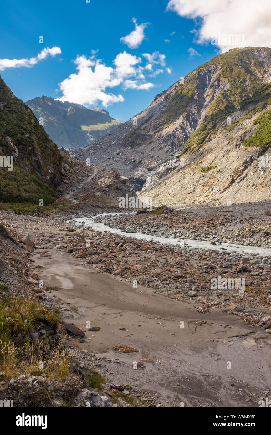 Hiking through the barren and rugged landscape that leads to the head of Franz Josef Glacier in New Zealand nobody in the image Stock Photo