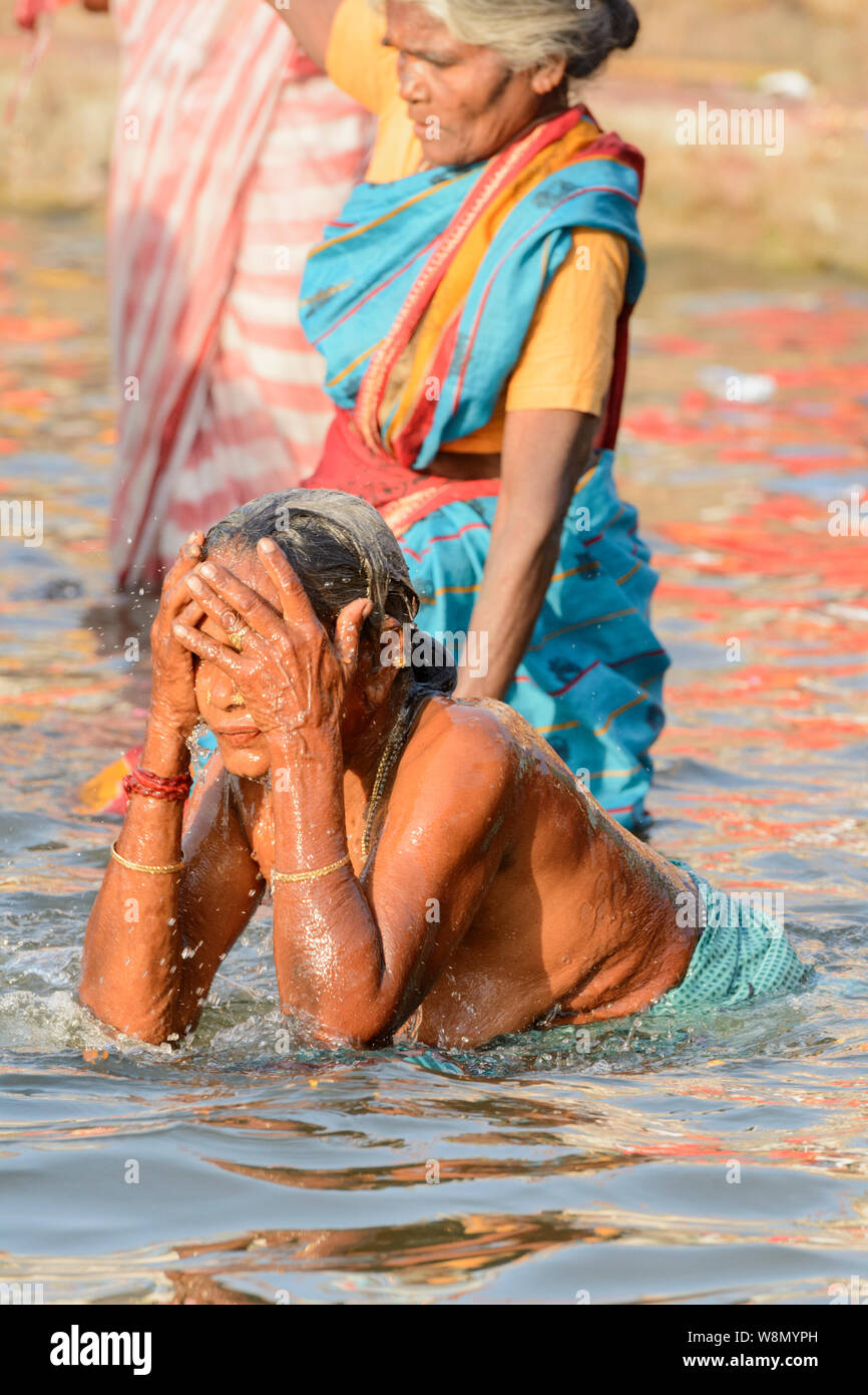 Indian Hindu women wearing saris perform early morning bathing rituals in the River Ganges in Varanasi, Uttar Pradesh, India, South Asia. Stock Photo