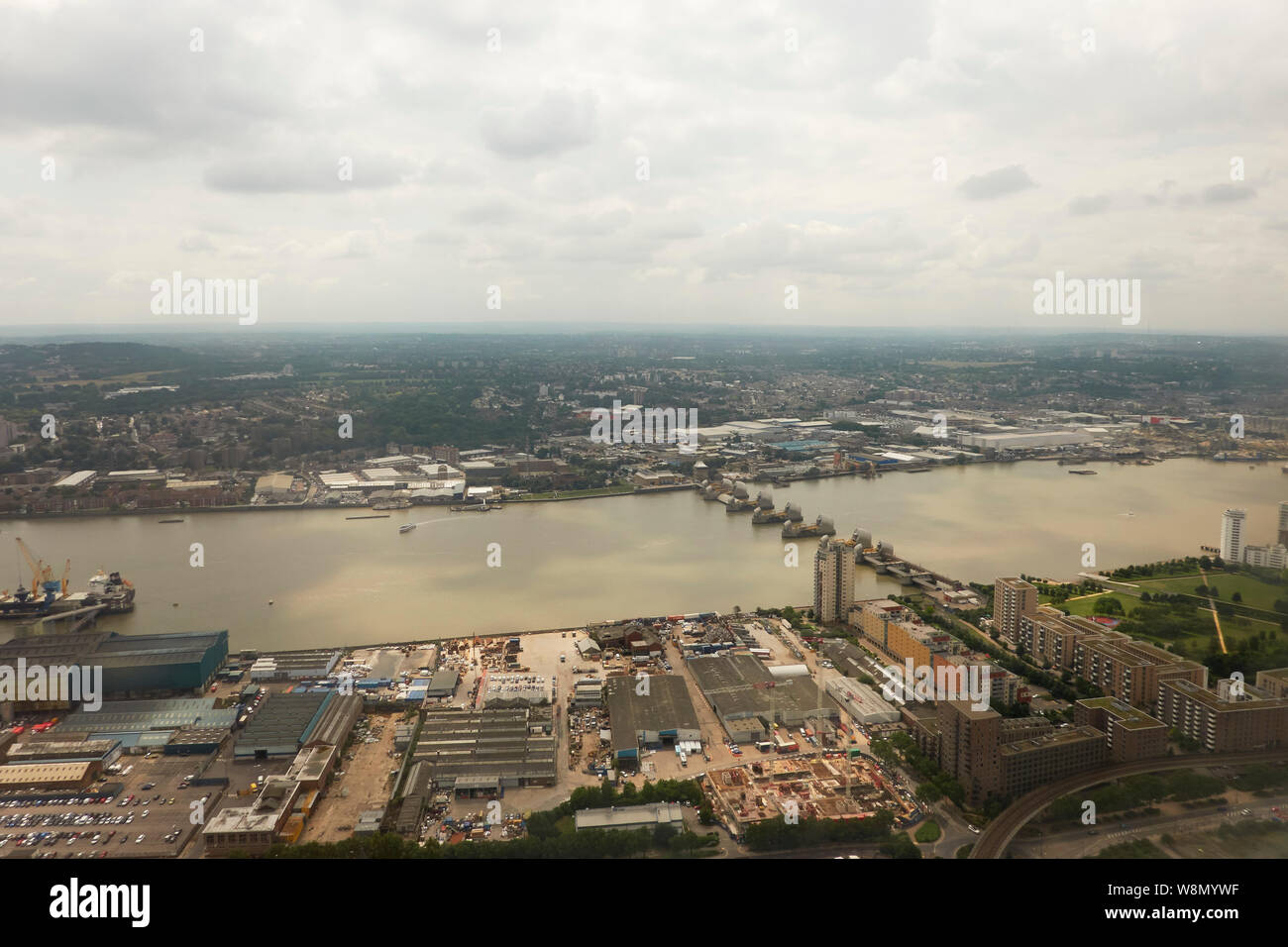 View on the Thames barrier from a plane window Stock Photo