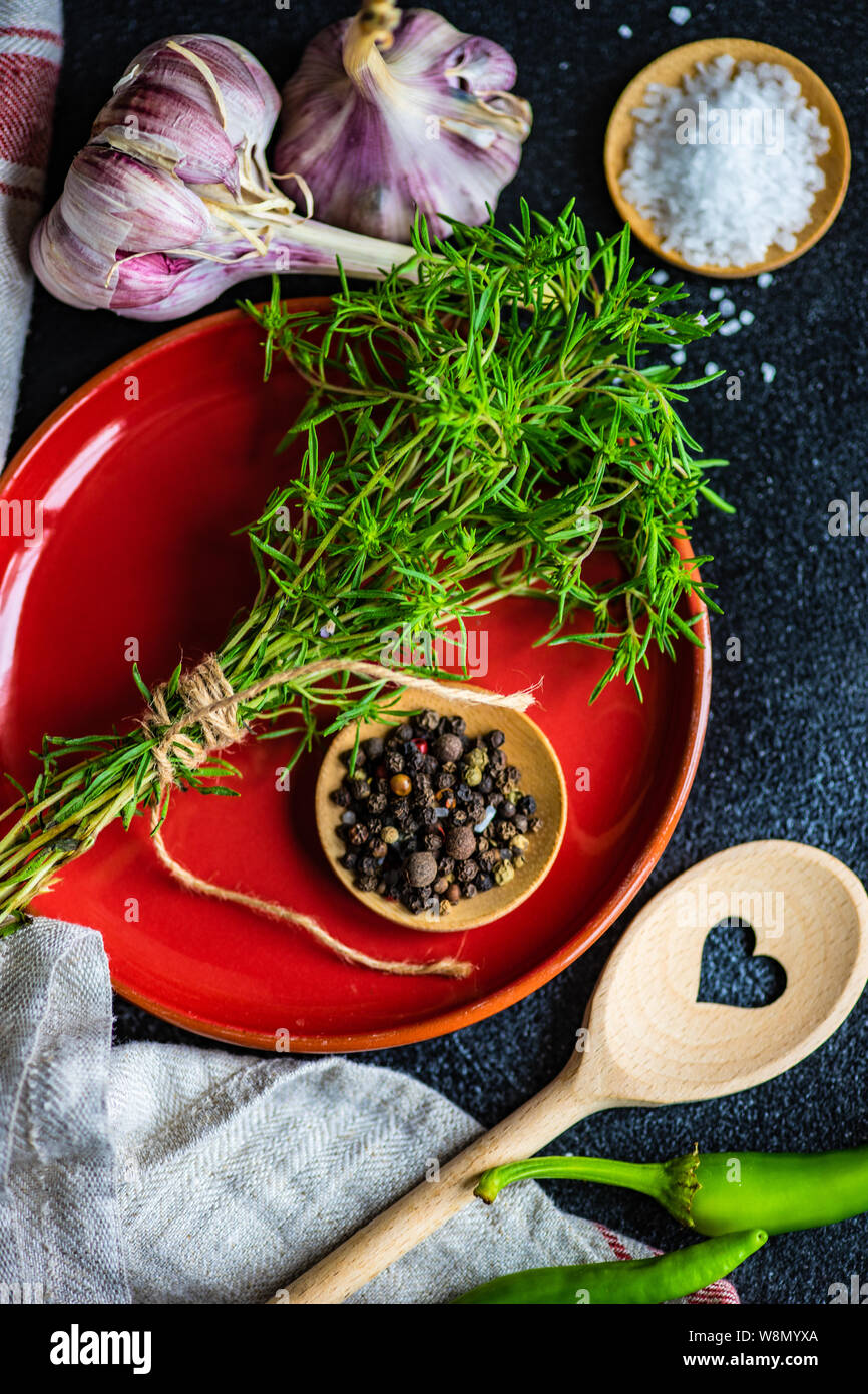 Cooking concept with traditional georgian herbs ombalo and kondari ...