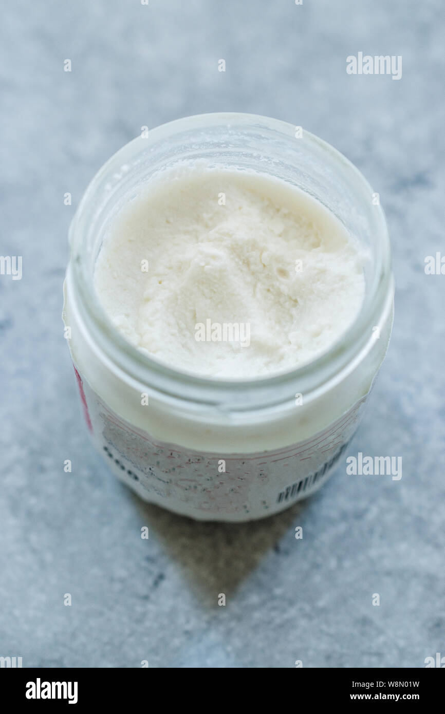 Ricotta Cheese in Jar / Glass Bowl Ready to Use. Traditional Organic Food Stock Photo Alamy