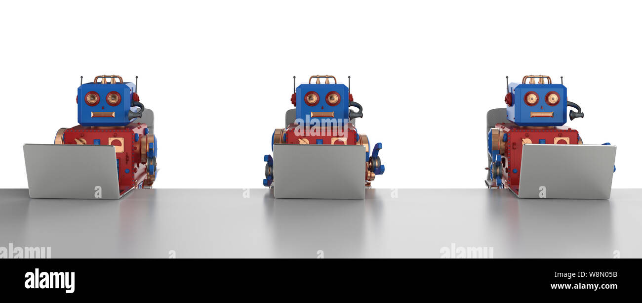 3d rendering group of robots are working on laptop computer Stock Photo ...