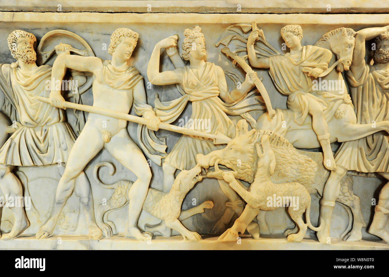 Wild boar hunting scene carved on a Roman sarcophagus. Rome Italy Stock ...