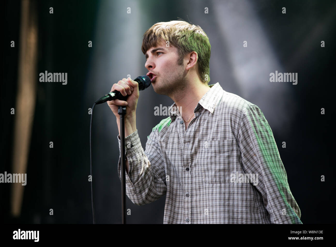 Oslo, Norway. 08th, August 2019. The Irish punk band Fontaines D.C. performs a live concert during the Norwegian music festival Øyafestivalen 2019 in Oslo. Here vocalist Grian Chatten is seen live on stage. (Photo credit: Gonzales Photo - Per-Otto Oppi). Stock Photo