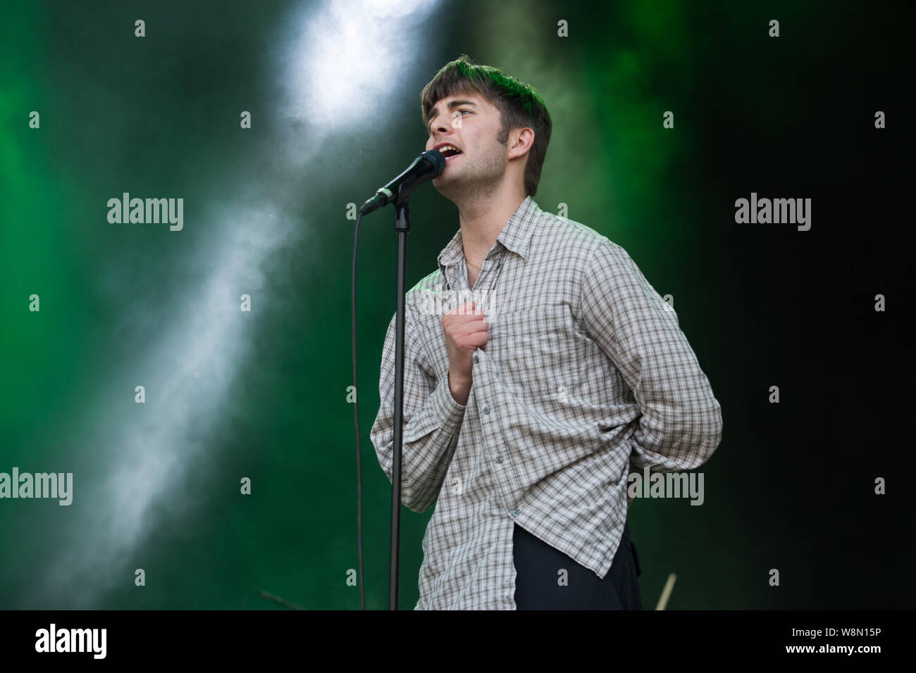 Oslo, Norway. 08th, August 2019. The Irish punk band Fontaines D.C. performs a live concert during the Norwegian music festival Øyafestivalen 2019 in Oslo. Here vocalist Grian Chatten is seen live on stage. (Photo credit: Gonzales Photo - Per-Otto Oppi). Stock Photo