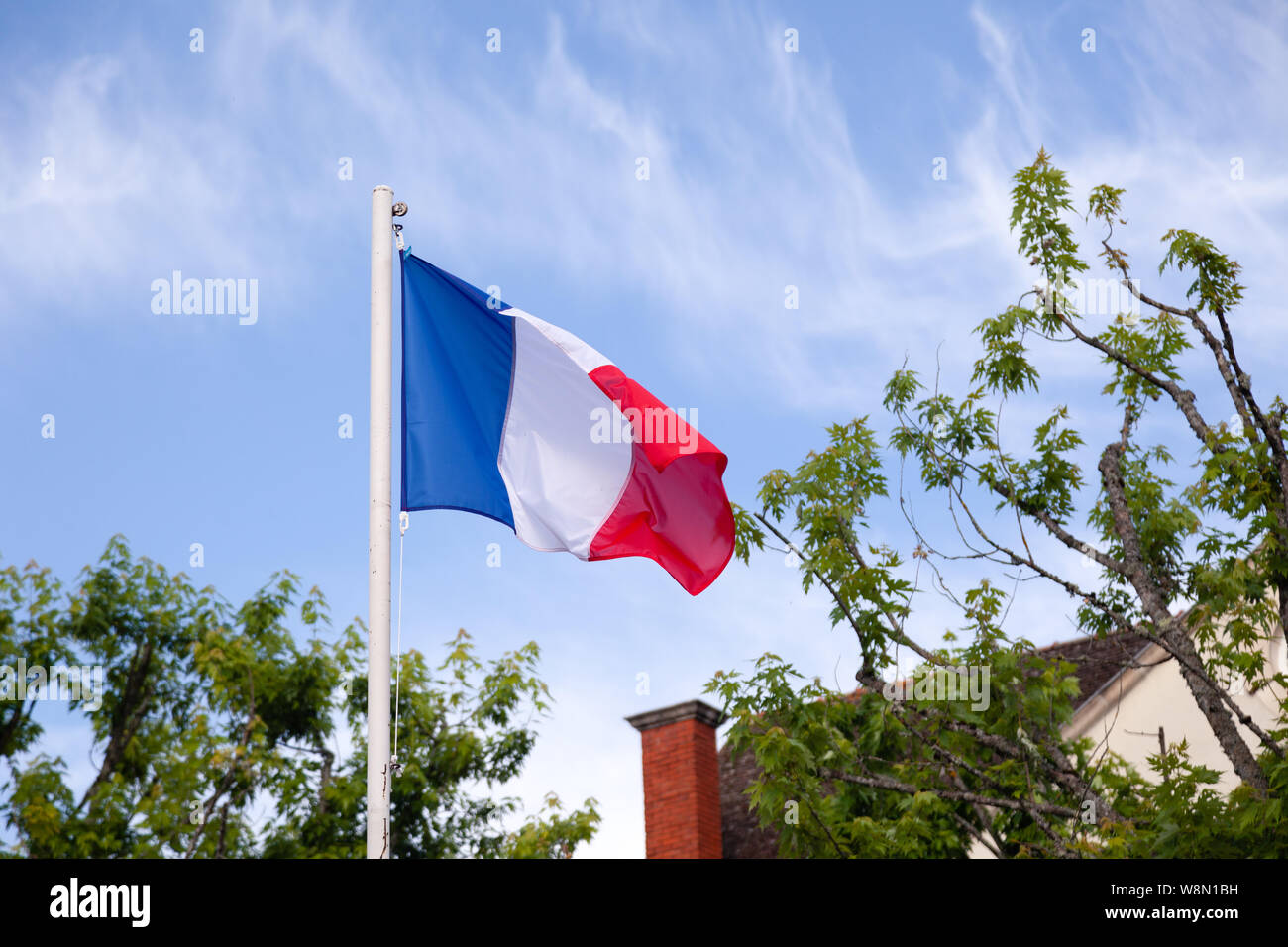 vindue Synes godt om Lure Flag of France, tricolor red white blue colors, fluttering, waving on  flagpole in wind against sky and clouds, branches of tree with green leaves  and Stock Photo - Alamy