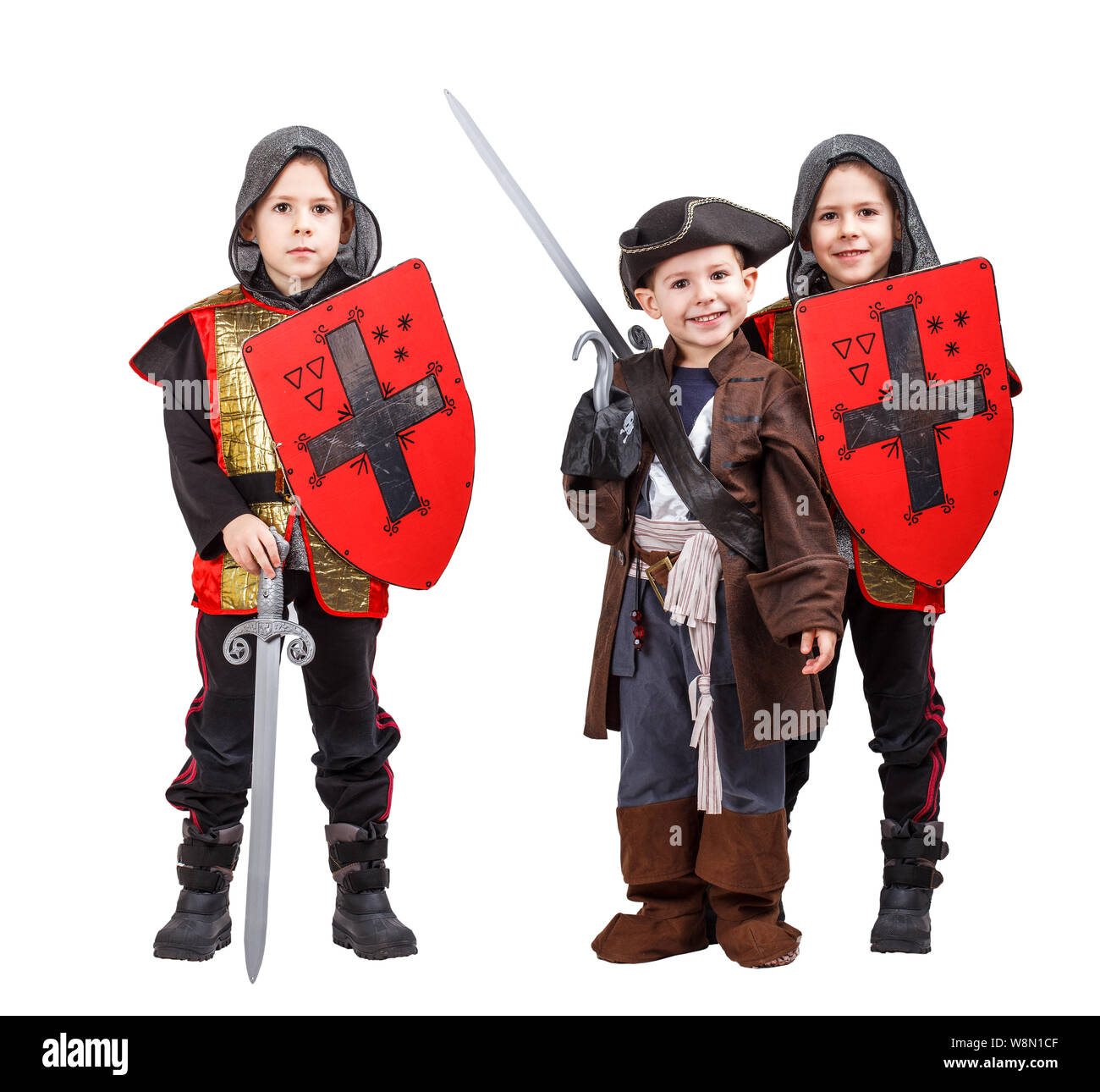 Photo of the kids in medieval knight and pirate costume isolated on ...