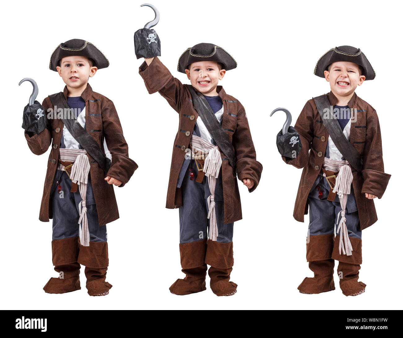 Happy young boy wearing a pirate costume. White background. Stock Photo