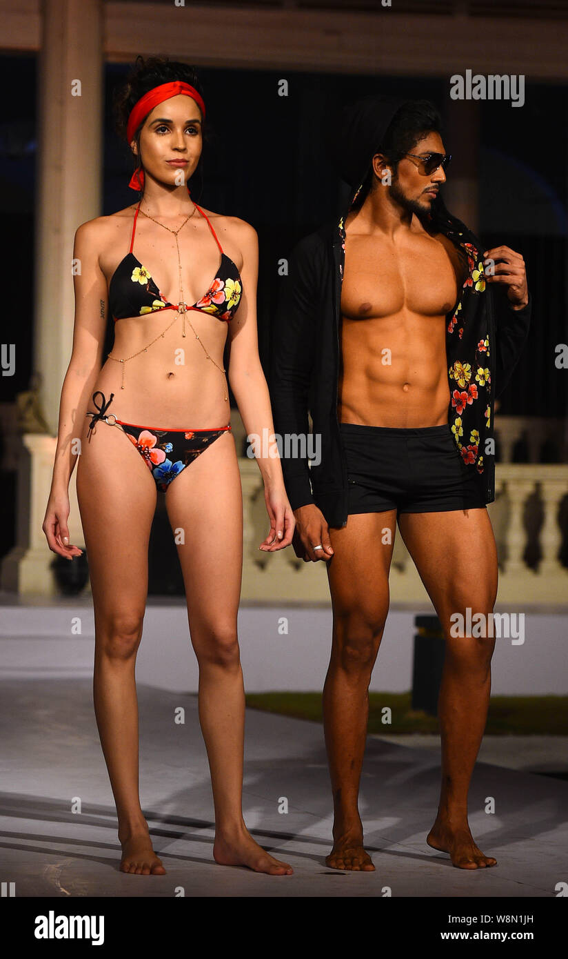 Colombo, Sri Lanka. 9th Aug, 2019. A model presents a creation at the Olu  Swim Week in Colombo, Sri Lanka, on Aug. 9, 2019. Swimwear and resort wear  collections were showcased during