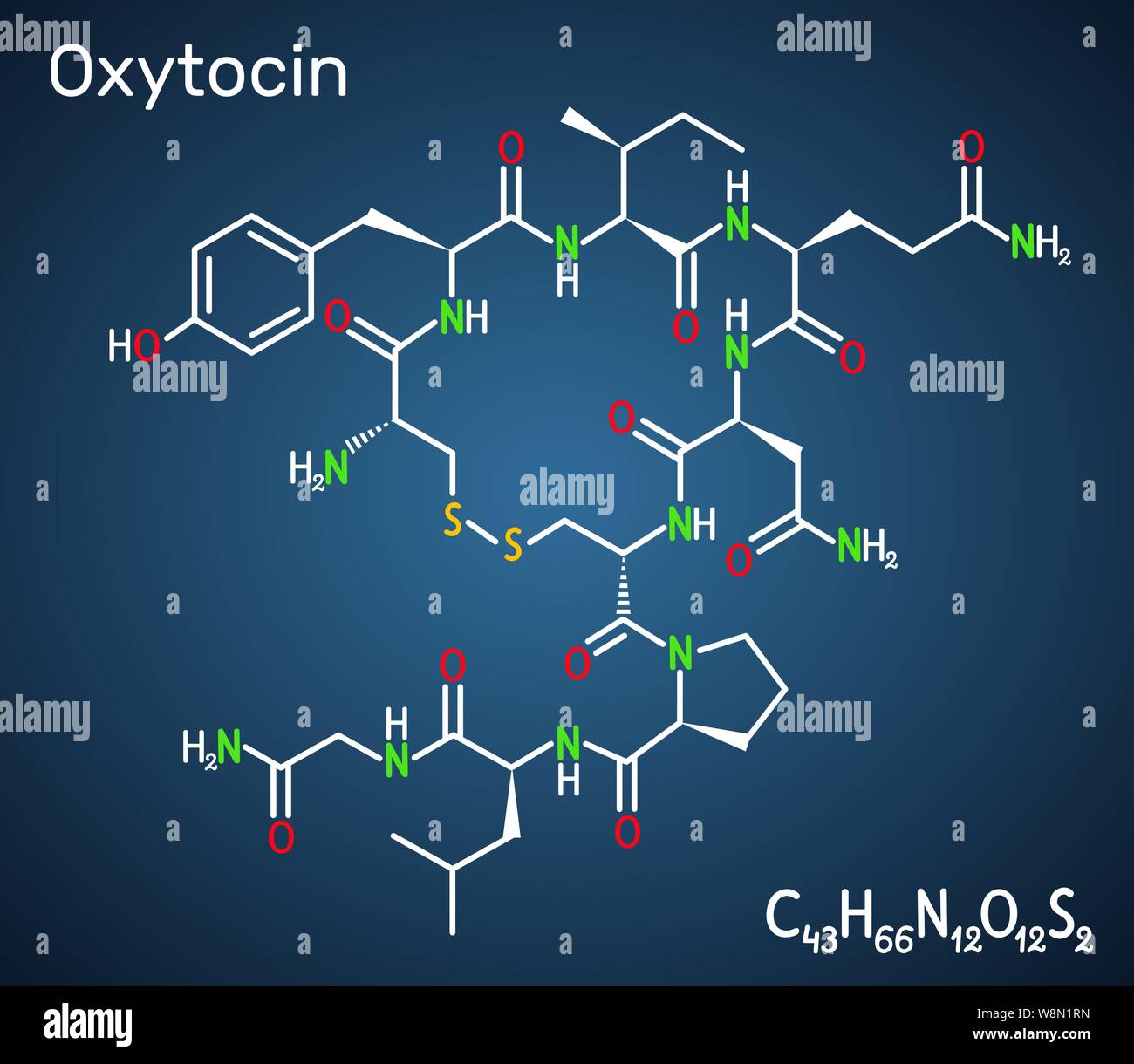 Oxytocin, Oxt, peptide hormone and neuropeptide molecule. Structural chemical formula on the dark blue background. Vector illustration Stock Vector