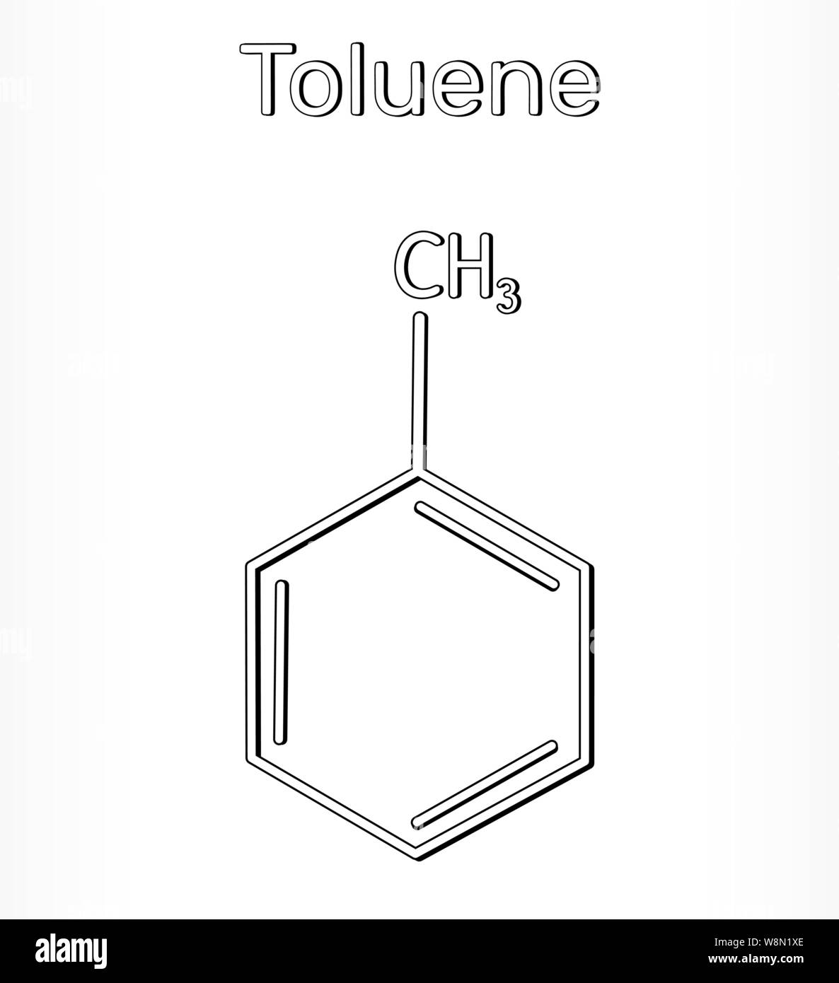 Toluene molecule, C7H8 - structural chemical formula and model. Vector illustration Stock Vector