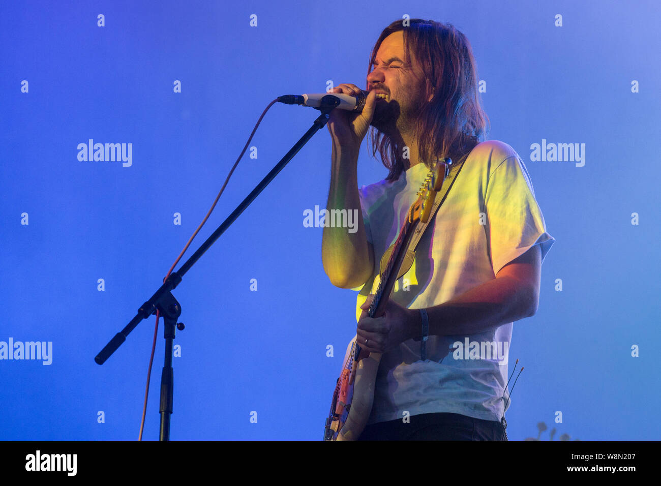 Oslo, Norway. 08th, August 2019. The Australian musical project Tame Impala performs a live concert during the Norwegian music festival Øyafestivalen 2019 in Oslo. Here guitarist and musician Kevin Parker is seen live on stage. (Photo credit: Gonzales Photo - Per-Otto Oppi). Stock Photo
