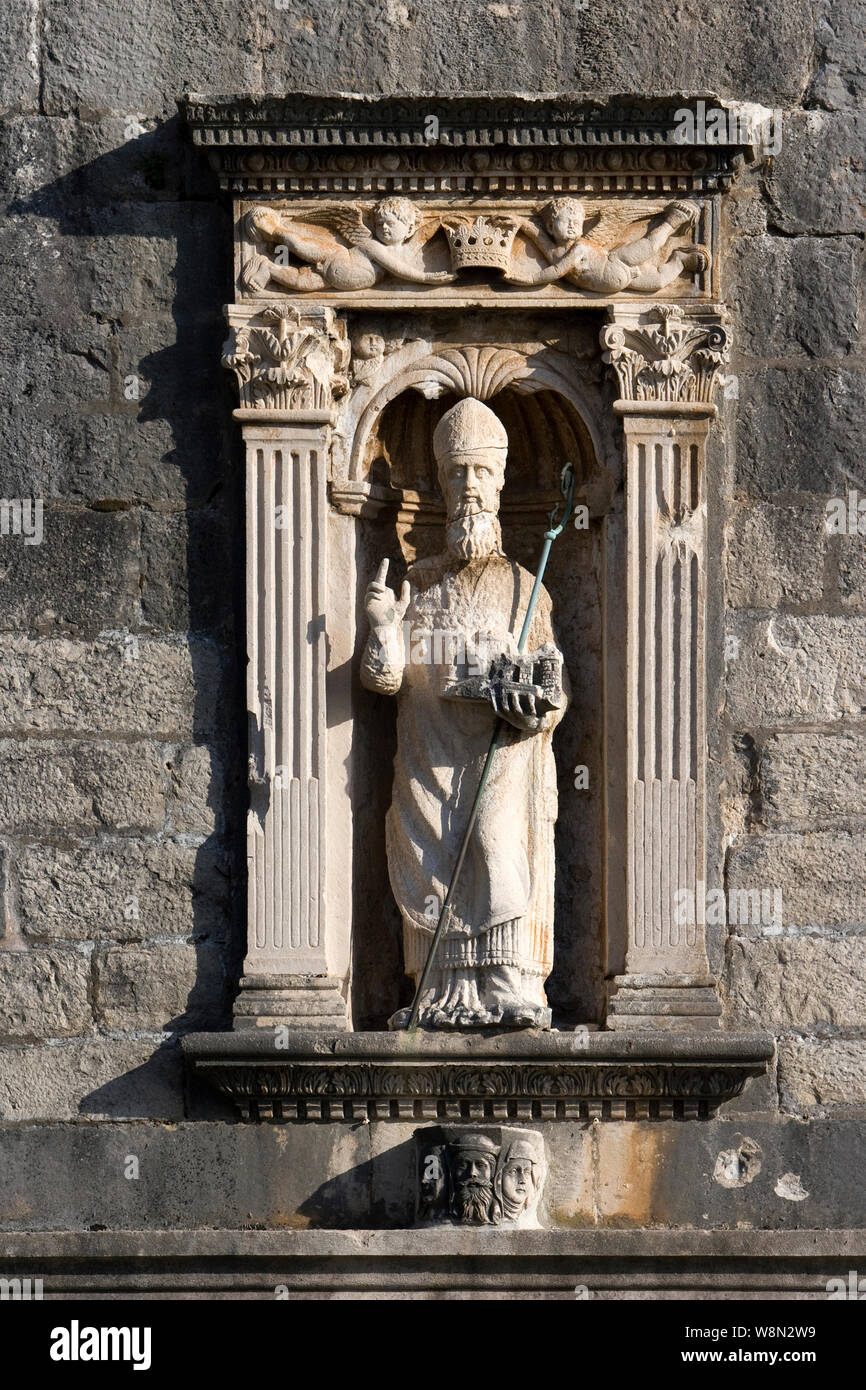 Statue of St. Blaise, Dubrovnik patron saint, on the wall above Pile