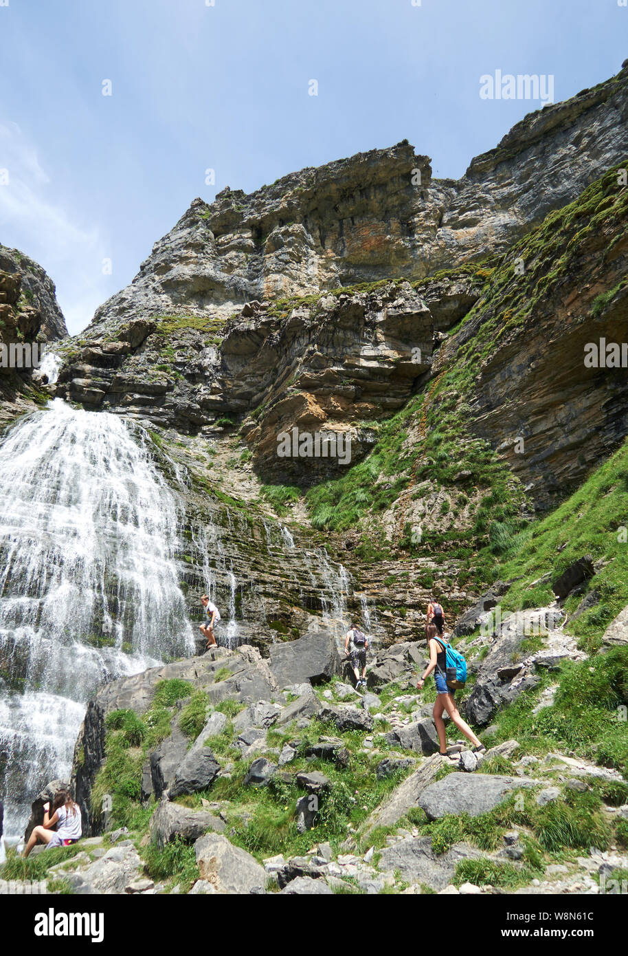 Cola de Caballo waterfall, end of the Ordesa y Monte Perdido hiking trail in Huesca, Spain Stock Photo