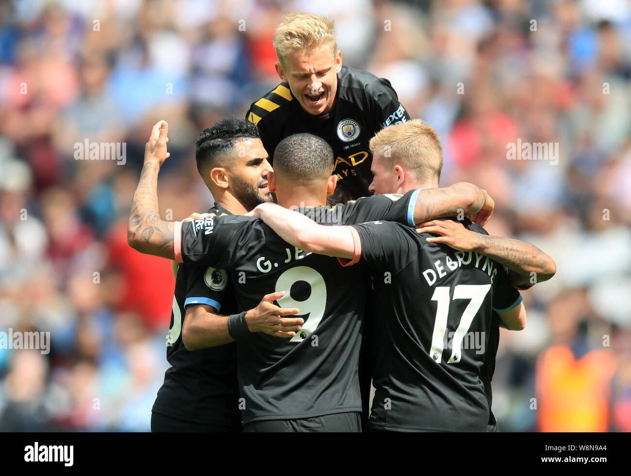 Manchester City players celebrate their third goal of the match before VAR check decides the goal is disallowed during the Premier League match at London Stadium. Stock Photo