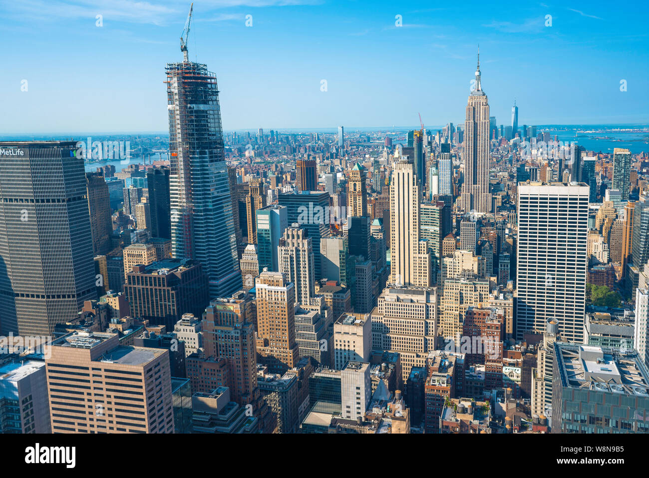 Manhattan New York, view from the Rockefeller Center of Midtown Manhattan illuminated by early morning light on a summer day, New York City, USA. Stock Photo
