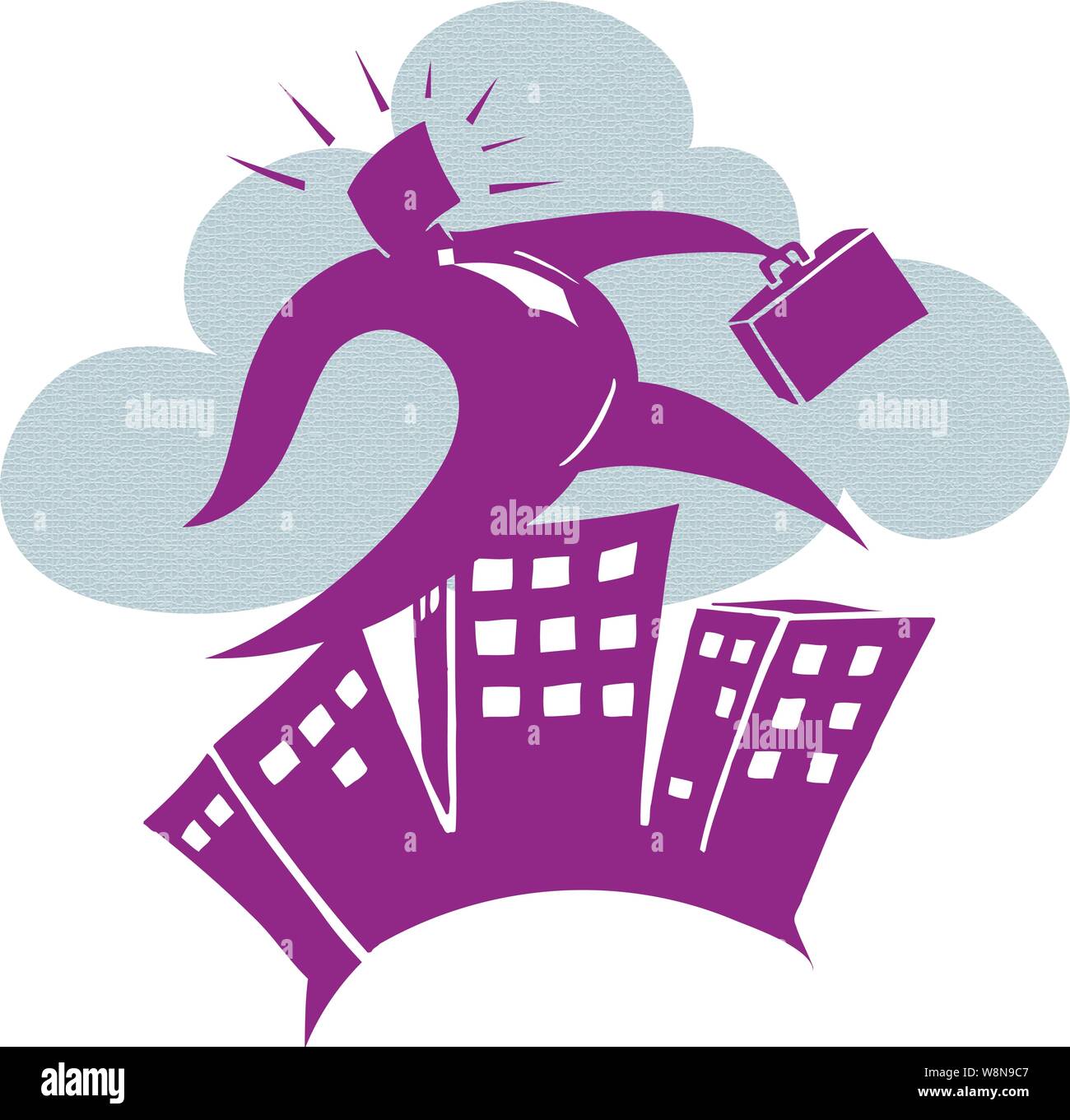 Leaping business man past a textured cloud over tall city buildings Stock Vector
