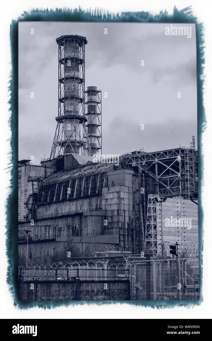 The Centre of the Catastrophe: Reactor 4, Chernobyl, Ukraine' a close up view. Stock Photo