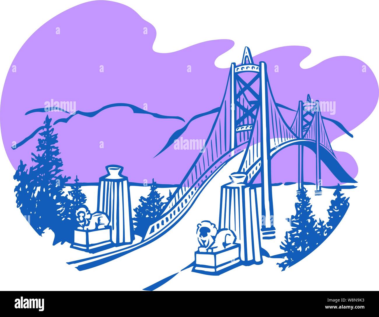 Lions Gate bridge with two lying lion statues & the towers leading over to a mountain range Stock Vector