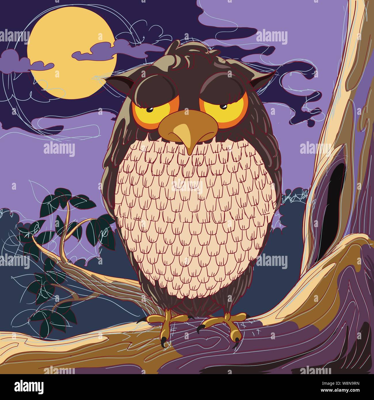 An owl with big yellow eyes sits on the branch of a tree under a cloudy sky with a full moon Stock Vector