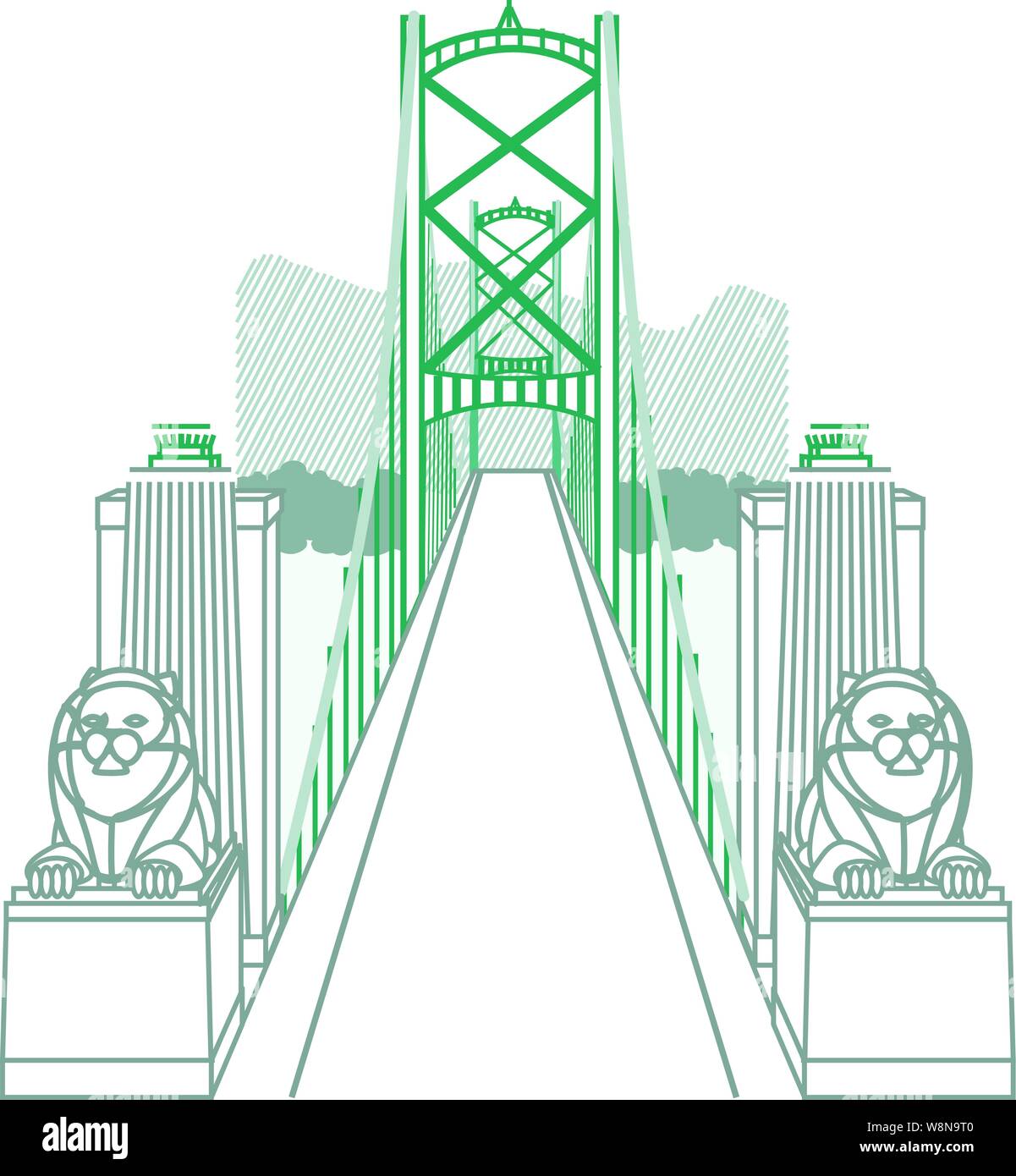 Lions Gate bridge with two lying lion statues & the towers leading over to a mountain range Stock Vector