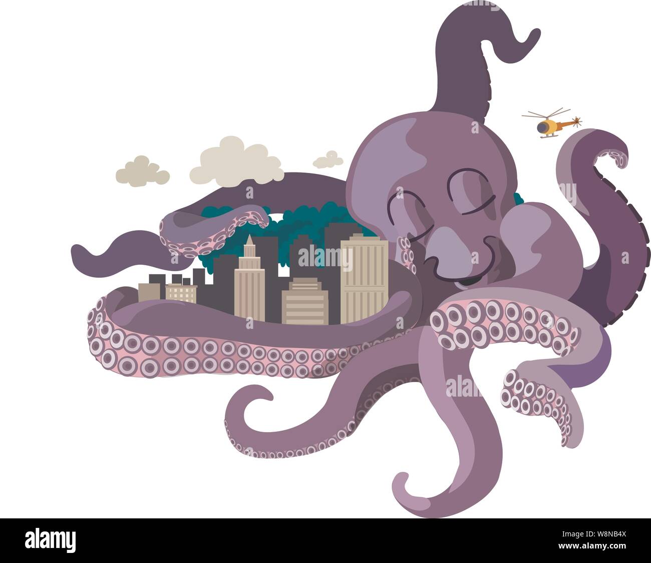 A giant octopus hugging a city creates turbulent waters as a jet airliners flies by, a helicopter looks on and a boat rashes against the waves Stock Vector