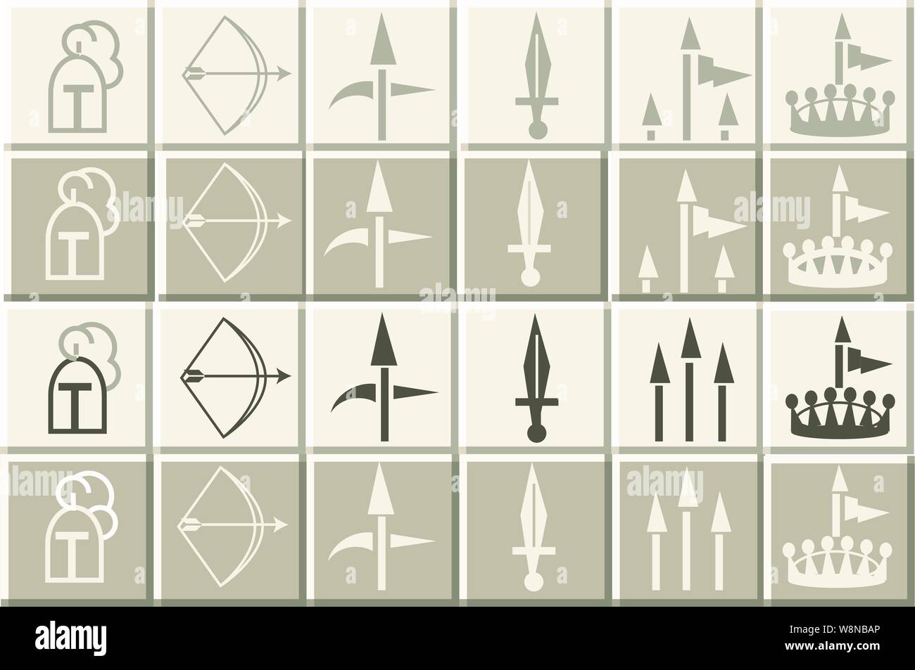 Medievil icons, tile or game  squares with helmets bow & arrow pike spear flag standard & crowns Stock Vector