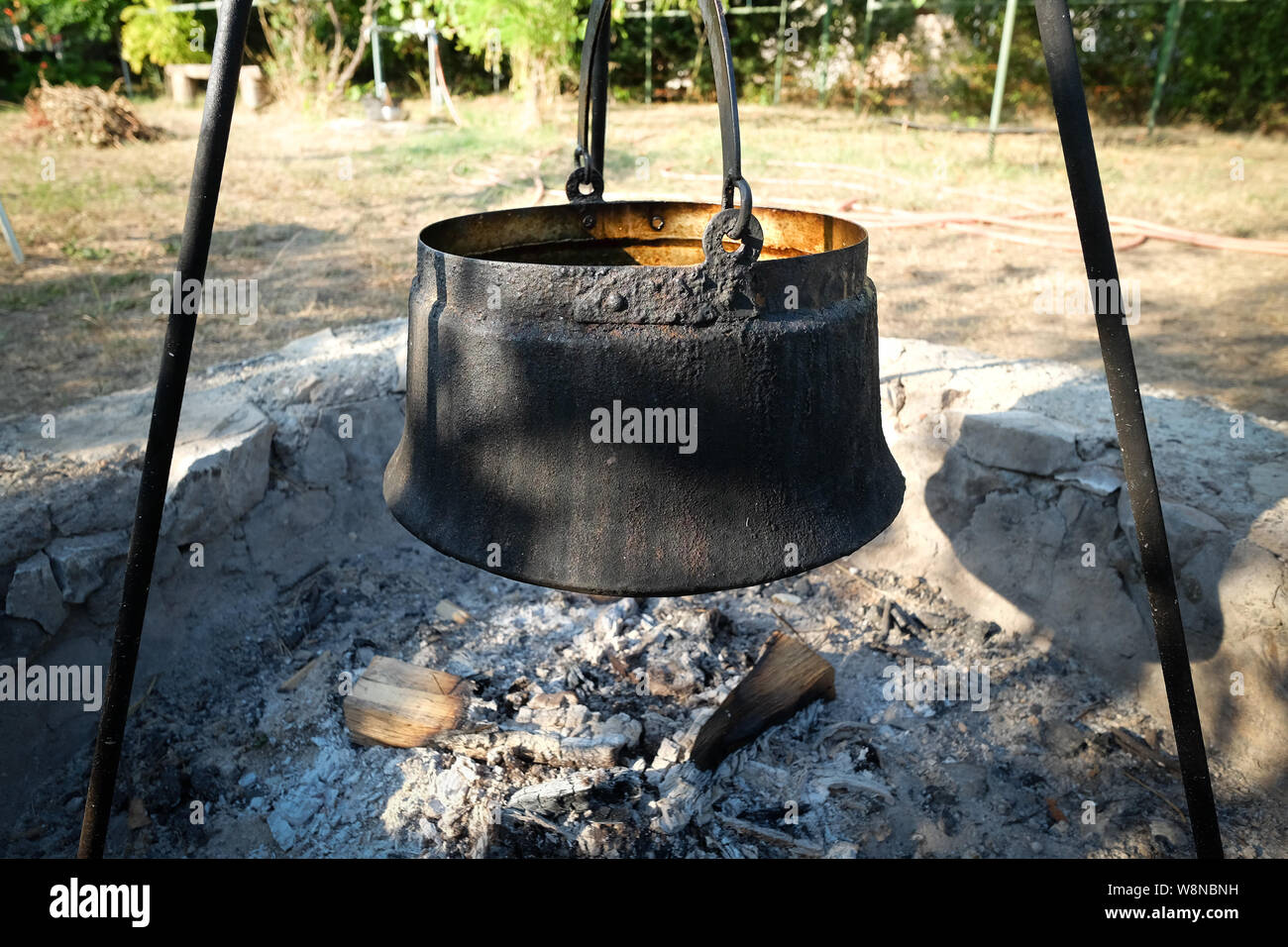 Big Cooking Pot In The Fire Pit With Ashes Stock Photo 263542989