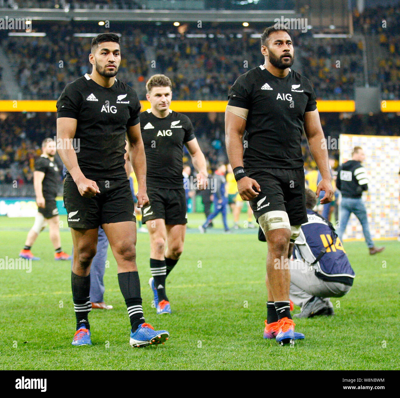 10th August 2019; ; Bledisloe Cup international rugby, Australia versus New Zealand mens; All Blacks players leave the field after their loss to the Wallabies by 47-26