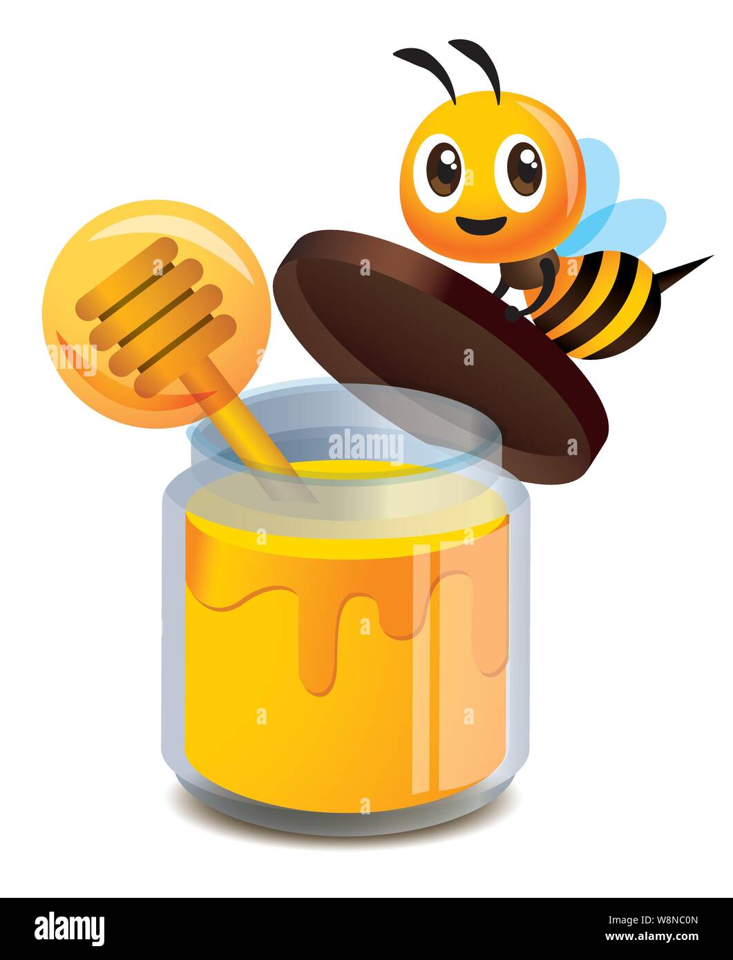 Cartoon cute bee open the clear glass bottle cap of honey - Vector ...