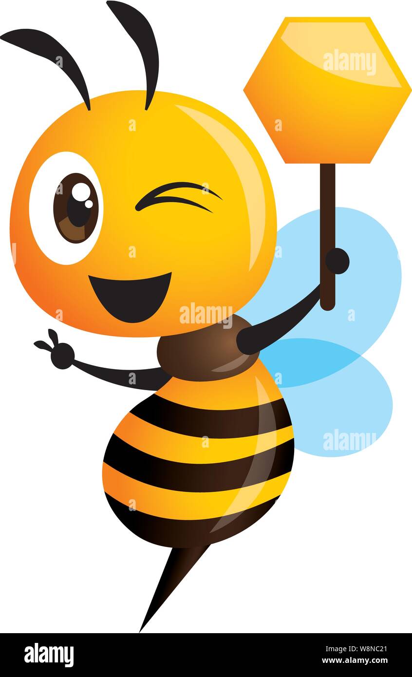 Cartoon Cute Bee Showing Victory Hand And Holding A Honey Shape Signage