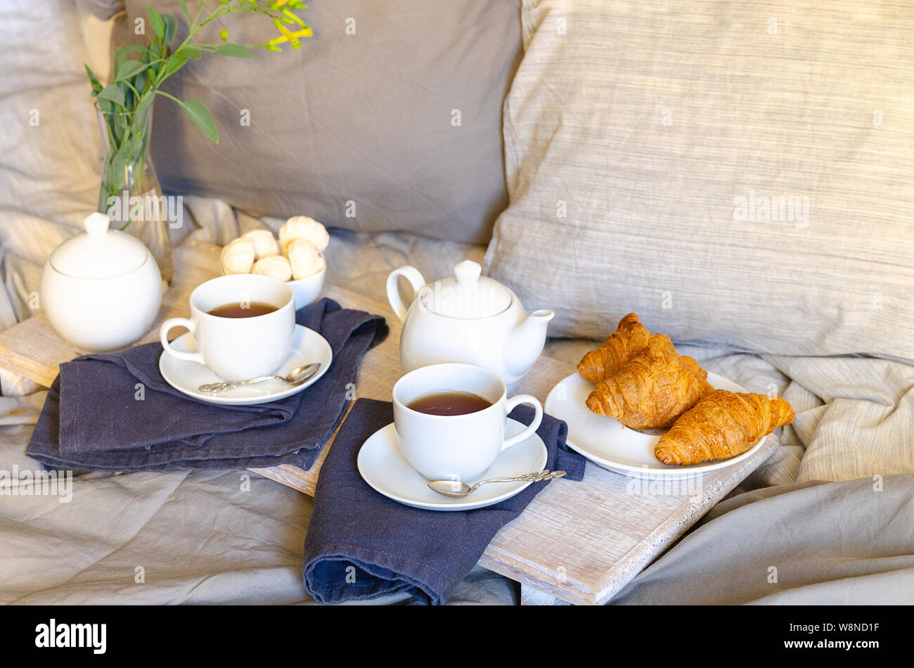 Breakfast In Bed Teapot Two Cup Of Tea Croissants And Meringue On Wooden Tray Good Morning Scenery Background Scandinavian Style Stock Photo Alamy