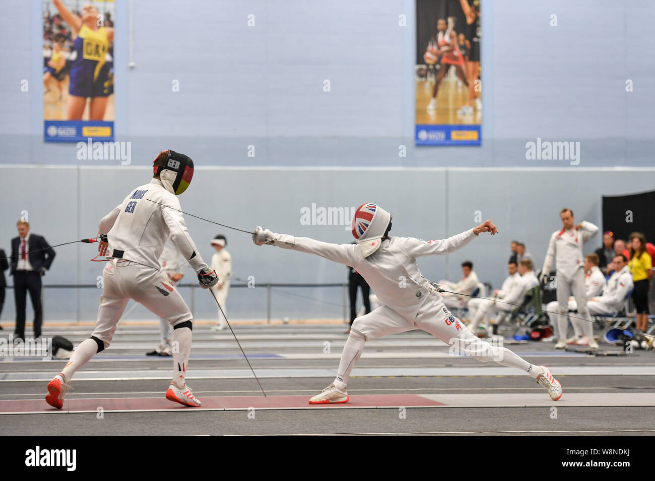 James Cooke of Great Britain (right) and Alexander Nobis of Germany during the fencing on day five of the 2019 European Modern Pentathlon Championships at the University of Bath. Stock Photo